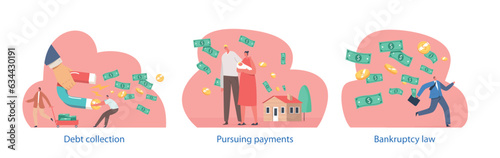 Isolated Elements with Characters Perform Debt Collection Scenes, Pursuing Payment For Outstanding Debts