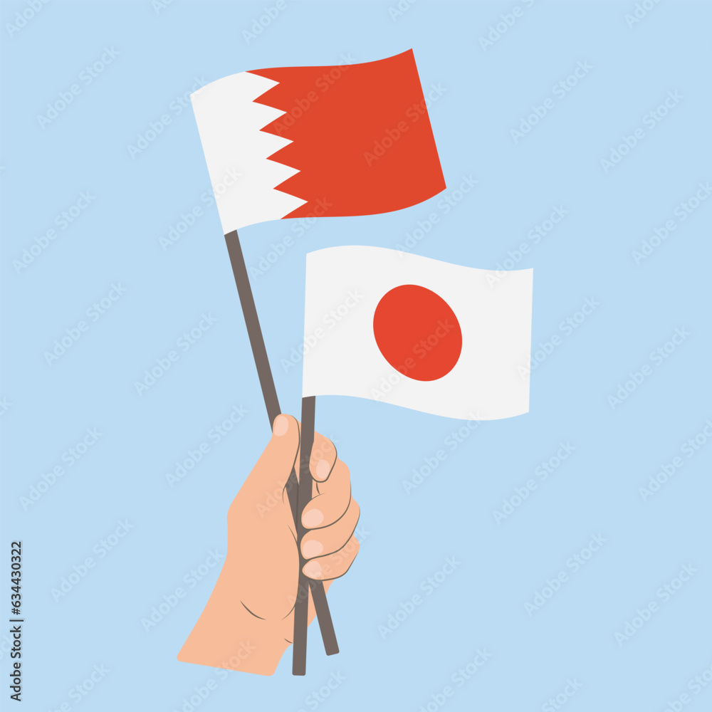 Flags of Bahrain and Japan, Hand Holding flags Flags of Bahrain and Japan, Hand Holding flags