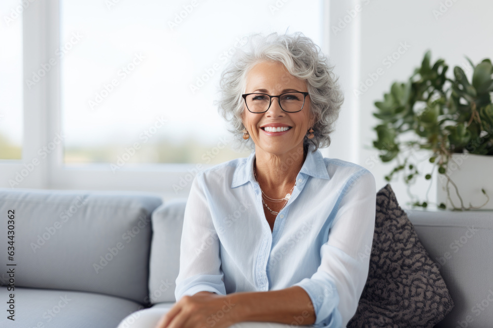 Happy pretty senior woman sitting on couch at cozy home, looking at camera with toothy smile. Positive blonde older lady enjoying leisure on comfortable sofa, posing for indoor portrait. Generative AI Happy pretty senior woman sitting on couch at cozy home, looking at camera with toothy smile. Positive blonde older lady enjoying leisure on comfortable sofa, posing for indoor portrait. Generative AI