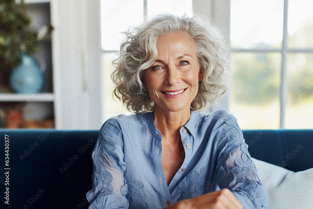 Happy pretty senior woman sitting on couch at cozy home, looking at camera with toothy smile. Positive blonde older lady enjoying leisure on comfortable sofa, posing for indoor portrait. Generative AI Happy pretty senior woman sitting on couch at cozy home, looking at camera with toothy smile. Positive blonde older lady enjoying leisure on comfortable sofa, posing for indoor portrait. Generative AI