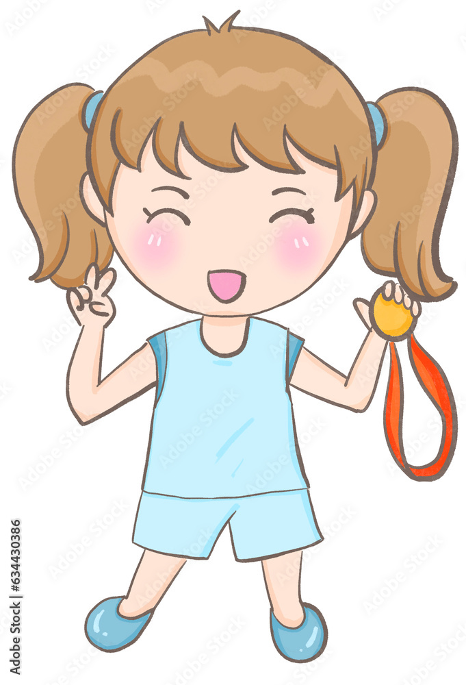 Isolated illustration of girl holding gold medal for winning competition