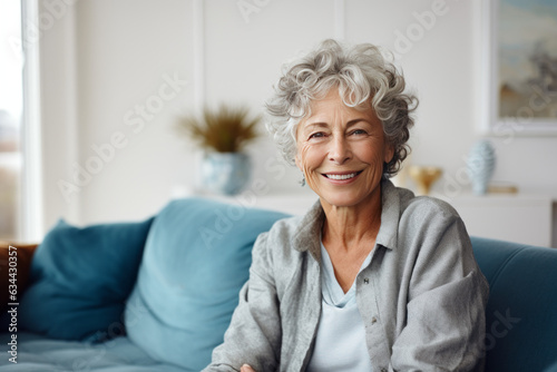 Happy pretty senior woman sitting on couch at cozy home, looking at camera with toothy smile. Positive blonde older lady enjoying leisure on comfortable sofa, posing for indoor portrait. Generative AI