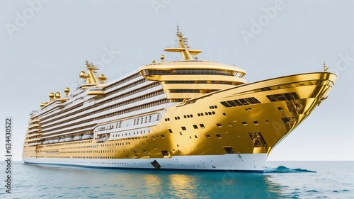 Luxury gold-plated cruise ship in a ocean.