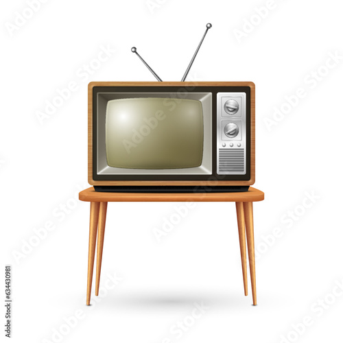 Vector Realistic Retro TV Receiver Isolated on White Background. Home Interior Design Concept. Vintage TV Set in Front View. Television Concept