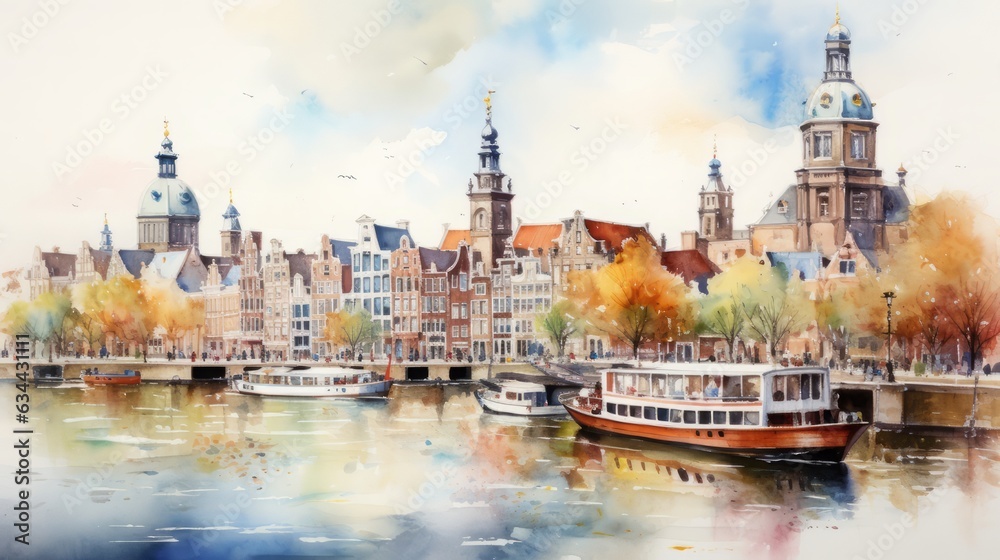 Fototapeta premium Watercolor cityscape oft Amsterdam, the capital of the Netherlands, in front the Amstel river. Drawing, watercolor, illustration, paint, art, city, capital, high quality 160