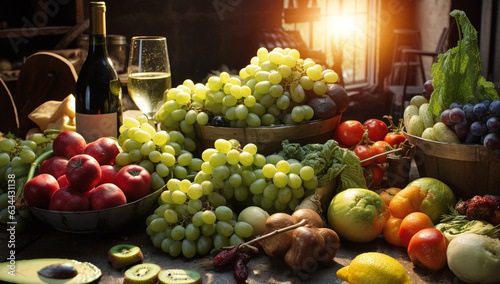 Rustic delight, an assortmen of fruits and vegetables on wooden table in a vintage room with sunlight shining farm-to-table freshness colorful fruits and vegetables on wooden table in vintage setting  photo