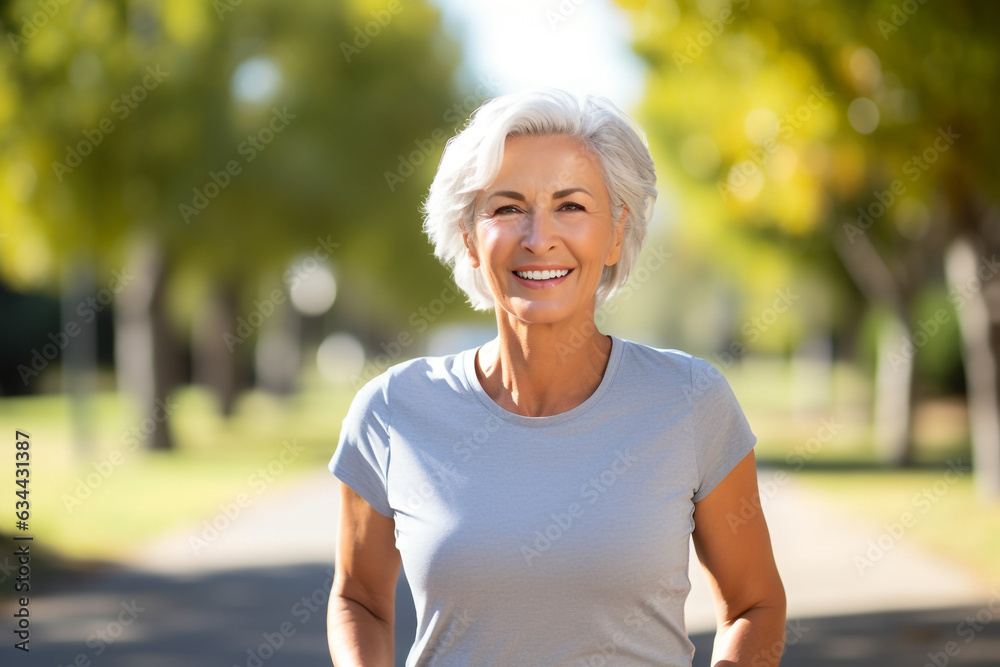 Active Mature caucasian woman with grey hair in the park. Portrait of happy senior woman smiling at camera while running in park. Portrait of a smiling senior woman in the park on a sunny day. High Active Mature caucasian woman with grey hair in the park. Portrait of happy senior woman smiling at camera while running in park. Portrait of a smiling senior woman in the park on a sunny day. High