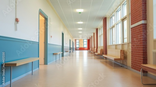 Long corridor with furniture in school building