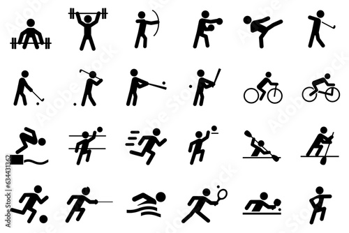 sports icon set. athletics, running, weightlifting, soccer, archery, karate, baseball, batsman, sports, cycling, swimming, triathlon, rugby, basketball, volleyball, rowing, tennis, table tennis