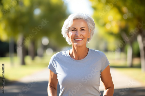 Active Mature caucasian woman with grey hair in the park. Portrait of happy senior woman smiling at camera while running in park. Portrait of a smiling senior woman in the park on a sunny day. High