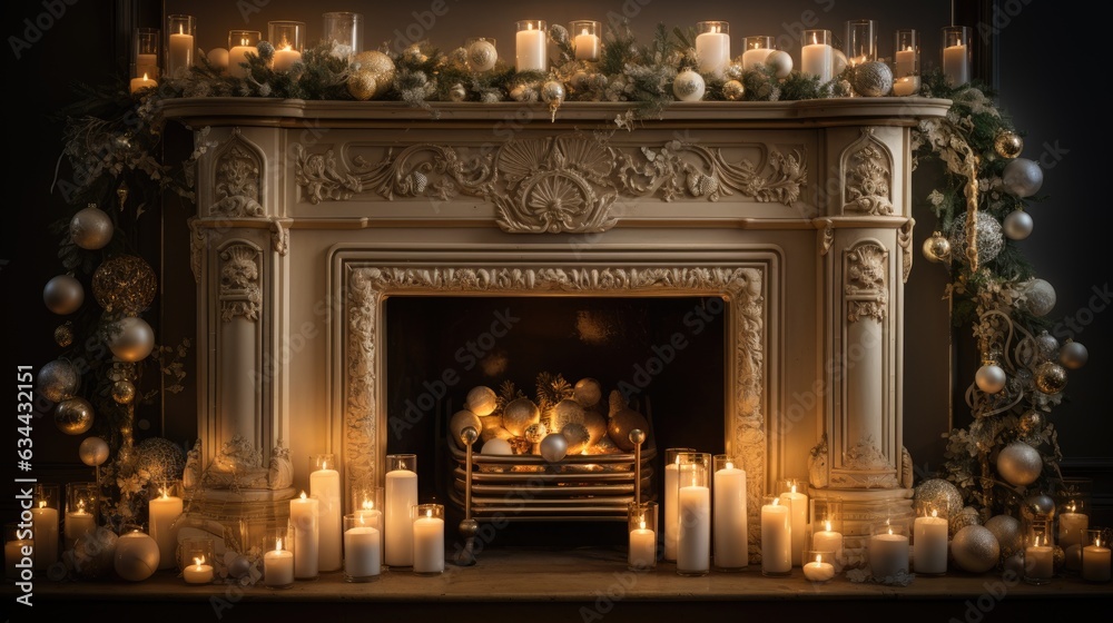 tinsel draped gracefully across a fireplace mantel fireplace with christmas decorations