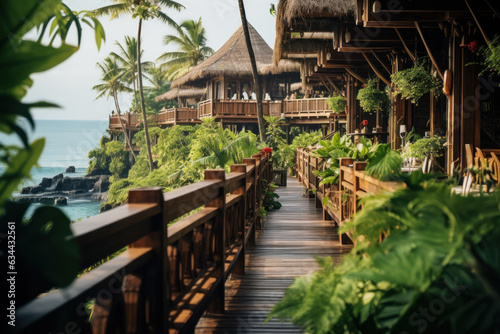 Indian hotel with wooden houses on the ocean generative ai photo