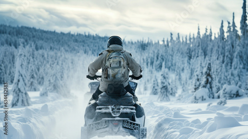 the huntsman rides through the winter forest on a snowmobile in the snow generative ai photo