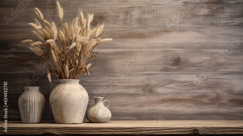 background with ears of wheat in clay pots vase generative ai