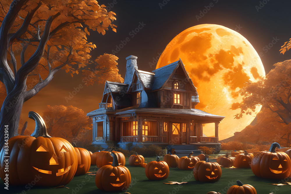 Halloween postcard or poster. Strange old house with warm glowing yellow lights on a night sky background with huge orange moon. Many pumpkins are lying on the ground. - obrazy, fototapety, plakaty 
