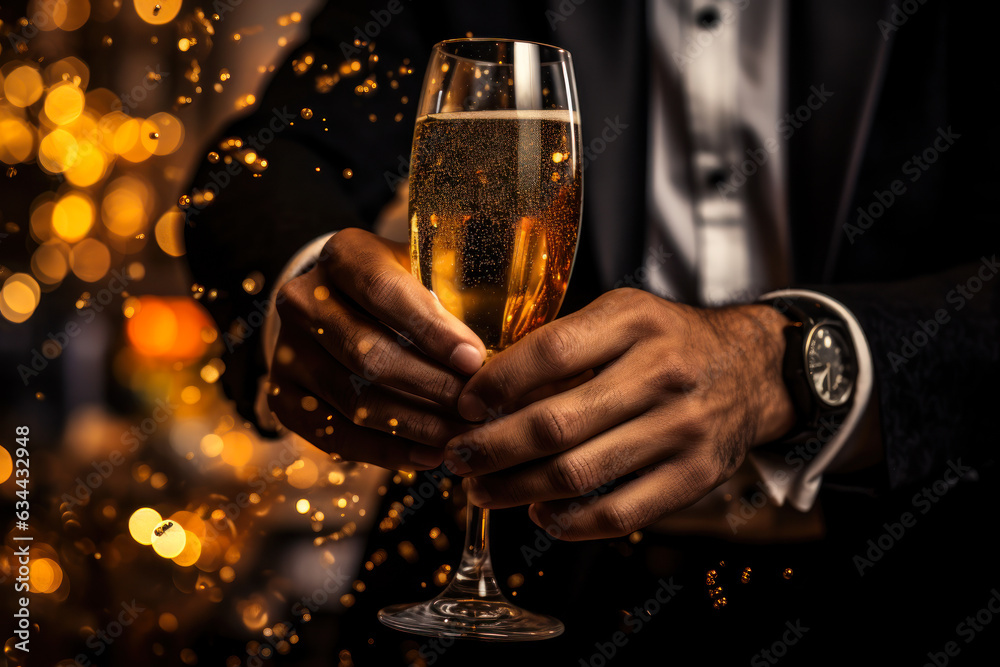 man hand holding a glass of champagne generative ai