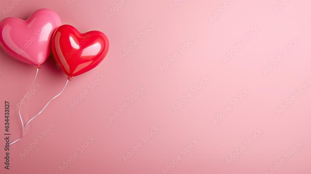 Red and pink balloons in the shape of heart on a pink background, layout for best wishes and party celebration background with copy space for text