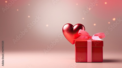 Red gift box with heart symbol on a background of beautiful pink glow, layout for best wishes and party celebration background with copy space for text