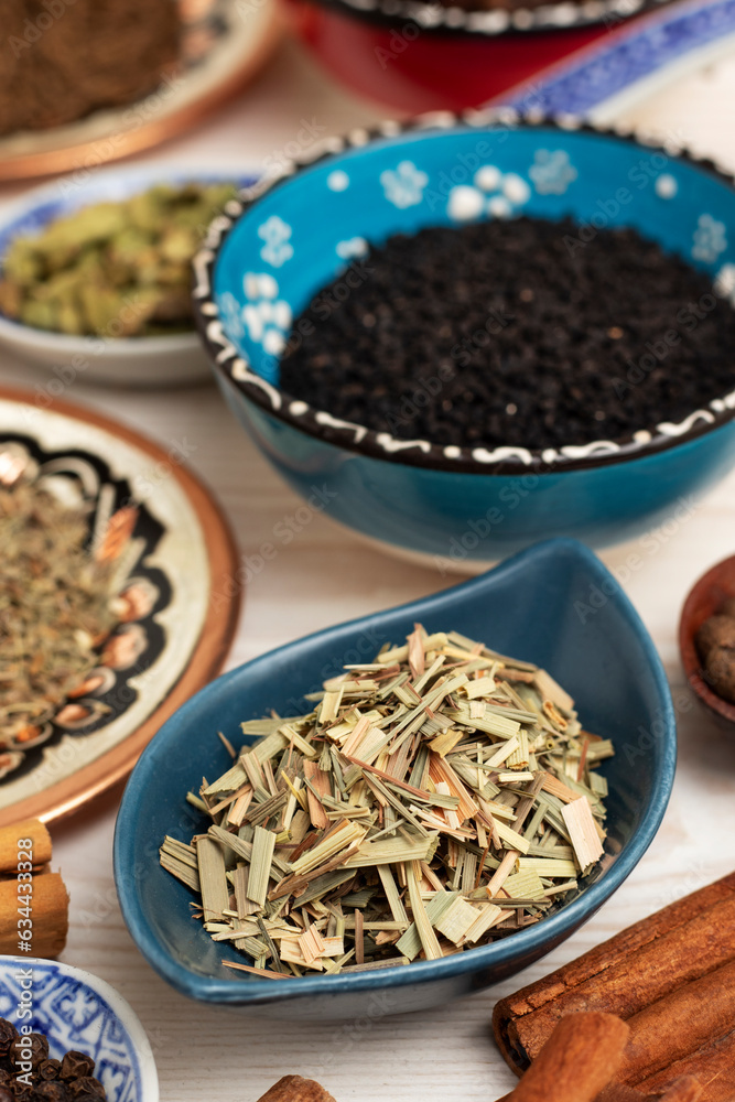 Dried lemon grass and other spices. Top view. Dried lemon grass and other spices. Top view.