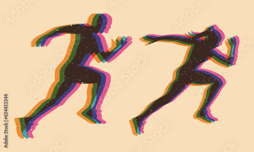 Sprinting man and woman with riso print effect. Graphic element for flyer, wallpaper, poster. Graphic element. Vintage decoration of 70s 80s, 90s. Aesthetics of the risograph. Vaporwave style