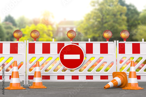 Under construction. Road barrier with trafic signs, cones and hard hat. Ecology and nature conservation concept. photo