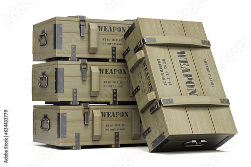 Military wooden crates with weapon and army ammunition isolated on white. 3d illustration photo