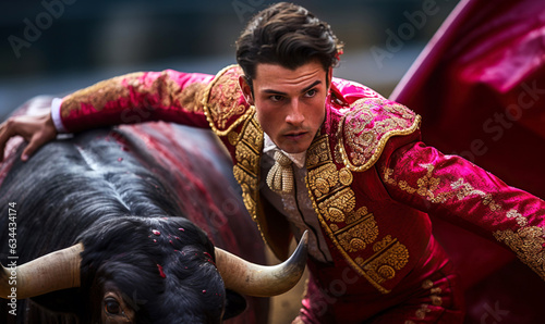 Corrida or Bullfight in Spain. Spanish bullfighter in the bullfighting arena. Spanish bullfighting bull and matador. digital ai photo