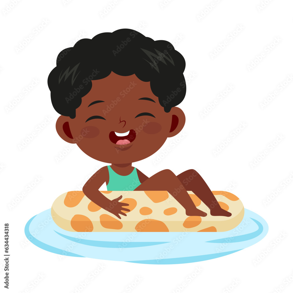 African American child with inflatable ring flat vector. Happy cartoon girl with rubber ring floating on water. Summer activities, vacation concept