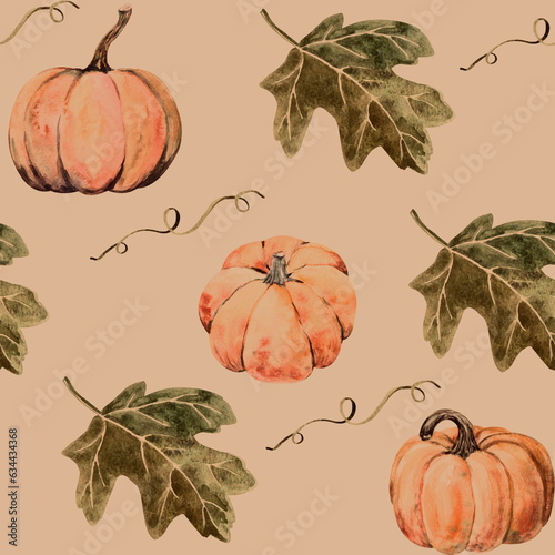 Seamless pattern of hand painted watercolor botanical elements, not AI. Ripe orange pumpkins, leaves and tendrils. Autumn pattern for textile and surface design for Thanksgiving or harvest festival.