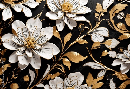 Abstract black and gold and white floral pattern background