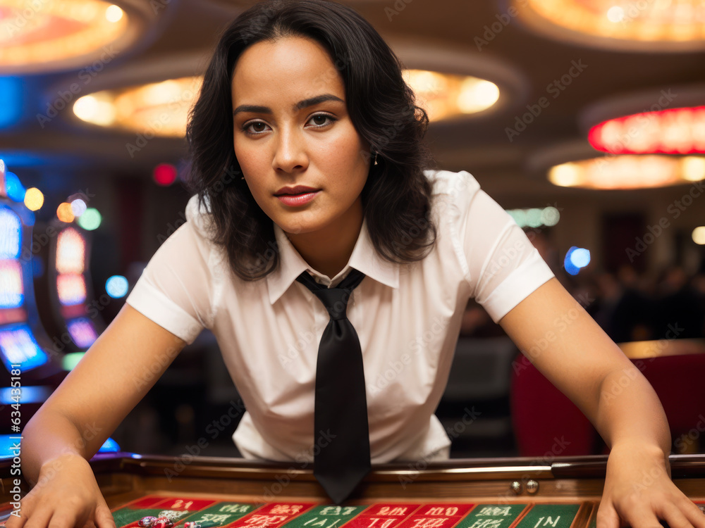 Studio digital portrait of a female model croupier in a casino in white shirt, red tie, strict business suit, a stern look at a roulette wheel in the background Studio digital portrait of a female model croupier in a casino in white shirt, red tie, strict business suit, a stern look at a roulette wheel in the background