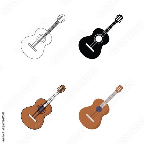Minimalistic acoustic guitar vector icon set in flat style. Guitar music instrument icon.