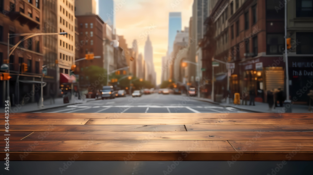 Obraz premium Empty wooden table with blurry city background