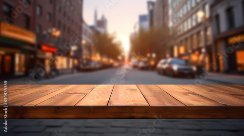 Empty wooden table with blurry city background