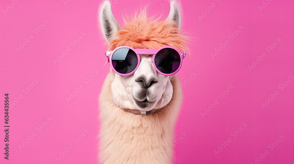 Fototapeta premium Cute and funny lama wearing pink sunglasses on pastel background