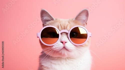 Summer cat wearing glasses on pastel background 