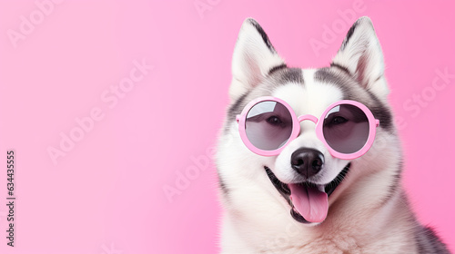 Cute and funny husky dog wearing pink sunglasses on pastel background, summer dog 