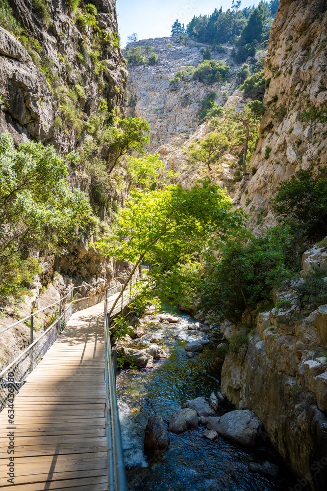 Sapadere canyon with wooden paths and cascades of waterfalls in the Taurus mountains near Alanya, Turkey