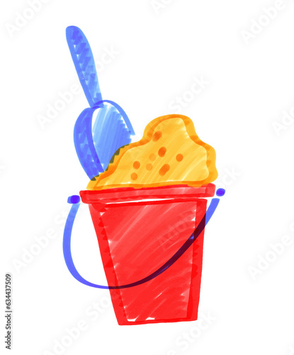 Felt pen child drawing of sand box toys, isolated vector illustration