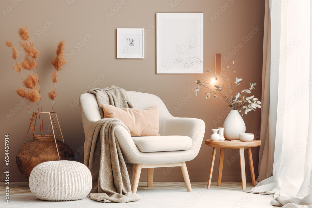 A comfortable and cozy interior in beige colors with a plush armchair. Generative AI. - obrazy, fototapety, plakaty 