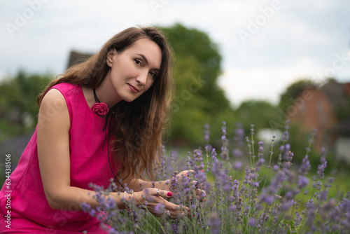 a beautiful girl in a pink dress collects lavender flowers in a basket in the garden