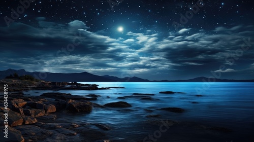 A landscape of a night sky over the ocean with a crescent moon and stars.