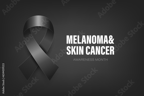 Melanoma, Skin Cancer Banner, Card, Placard with Vector 3d Realistic Black Ribbon on Black Background. Melanoma, Skin Cancer Awareness Month Symbol Closeup, May. World Melanoma Day Concept