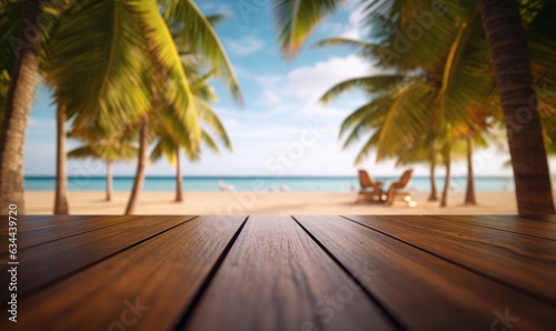 Wooden table top for product placement in front of beautiful tropical beach. Generative AI