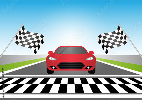 Racing Car on Racing Track Driving to Finish Point. Racing track with Racing Car. Race track road. Vector Illustration.