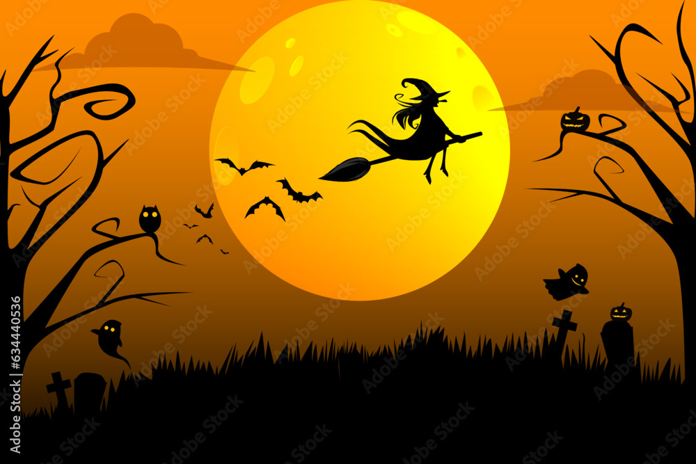 Happy Halloween with the witch on the orange sky and yellow Moon. Halloween symbols are an owl, pumpkin, full moon, ghost, and flying bat.