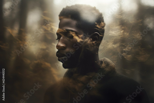 African Man in Fog. Mystical Adventure