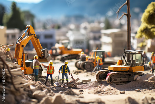 Tiny workers in protective helmets and vests doing earthworks with an excavator.