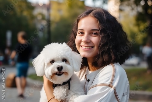 Happy young girl is walking at the street with her Bichon Frise dog