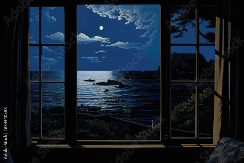 A window with a view of the ocean at night. Digital image. © tilialucida